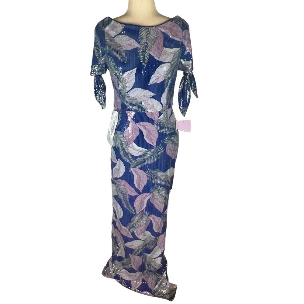 JS Collections Carmen Navy Multi Sequin Leaf Print Column Gown Size 6 NWT - Picture 3 of 16